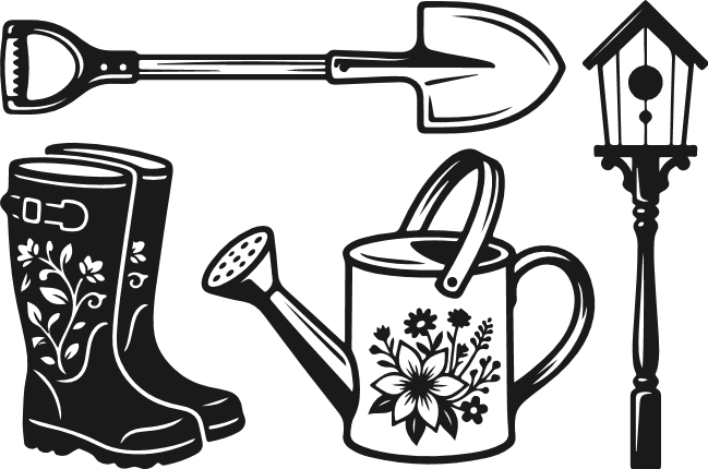 Garden boots, lamp post, shovel, watering can Free SVG File for Members – Gardening clipart