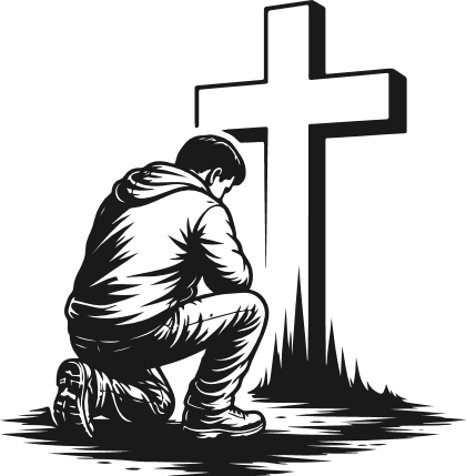 A man kneeling in prayer beside a cross Free SVG File for Members – memorial design