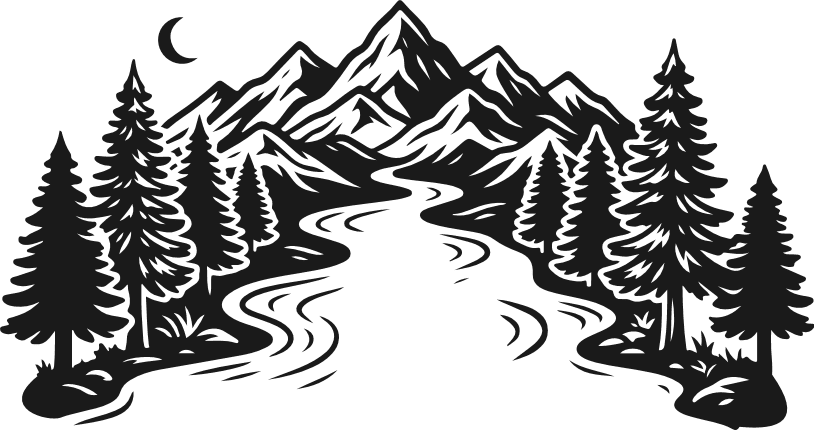 Mountains landscape with pine trees, river Free SVG File for Members – nature wall art