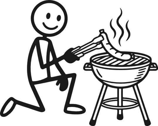 Stick man cooking sausages on a grill Free SVG File – Barbeque clipart image