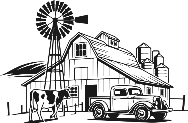 Farm Barn with Windmill, cow, truck Free SVG File for Members – Farmhouse clipart