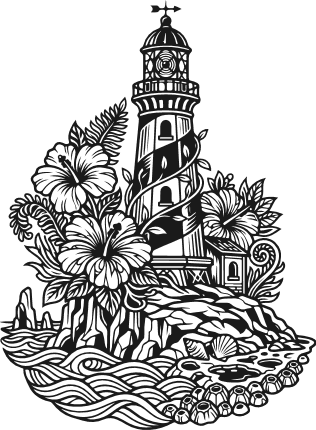 Lighthouse with tropical flowers, ocean waves Free SVG File for Members – lighthouse clipart
