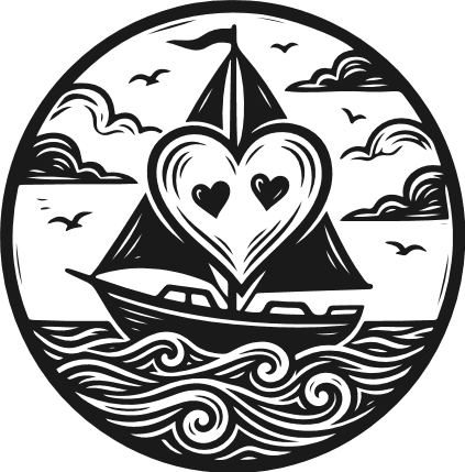 Sailboat Heart, Ocean Waves, clouds in a circle frame Free SVG File – Nautical clipart