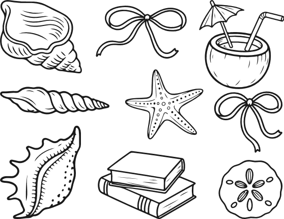 Seashells, starfish, coconut drink, bows, books Free SVG File for Members – Sea Elements clipart